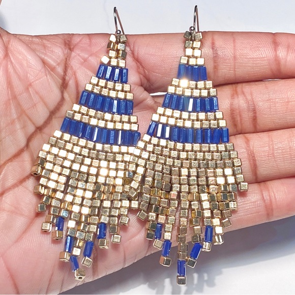 Jewelry - New Iridescent Navy Blue & Metallic Gold Beaded Fringe Earrings, Boho Style